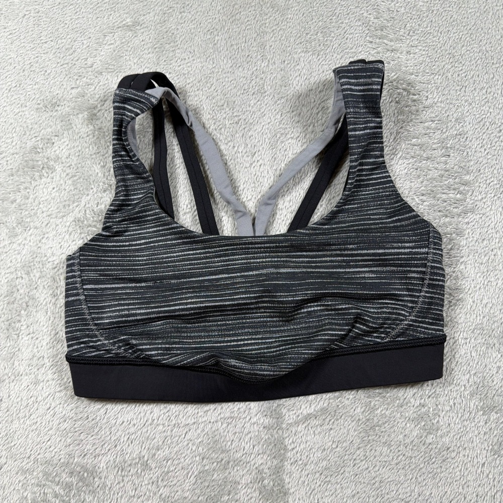 Lululemon Energy Exhale‎ Sports Bra Womens 4 Black Gray Striped Strappy Back